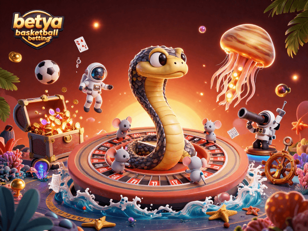 Experience betya basketball betting action with a vibrant 3D illustration featuring sports-themed elements and dynamic characters.