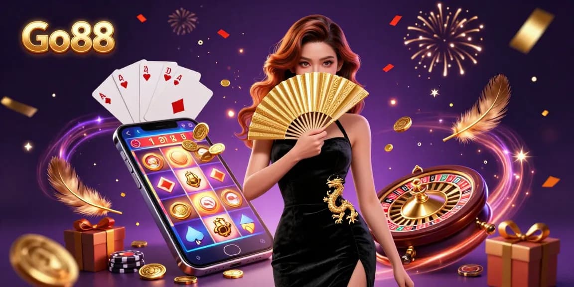 Experience the thrill of gambling with Go88 as gorgeous Asian woman reveals luxurious fan amidst vibrant casino elements.