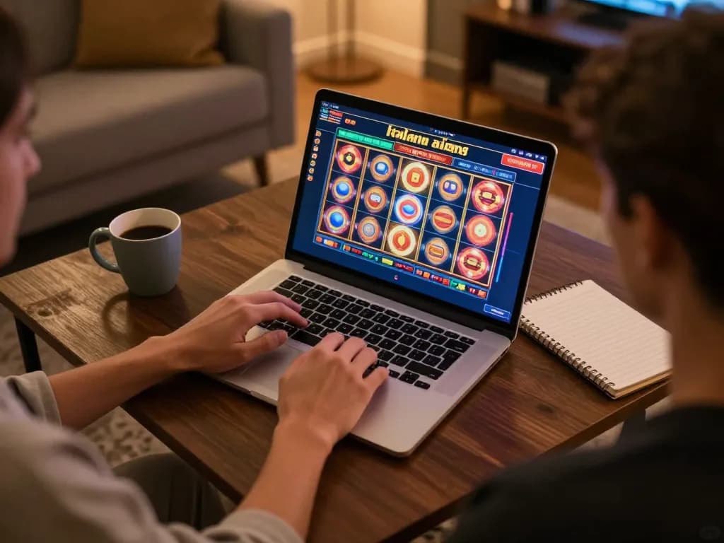 Person playing casino italiani non aams games on laptop, enjoying a cozy home gaming atmosphere