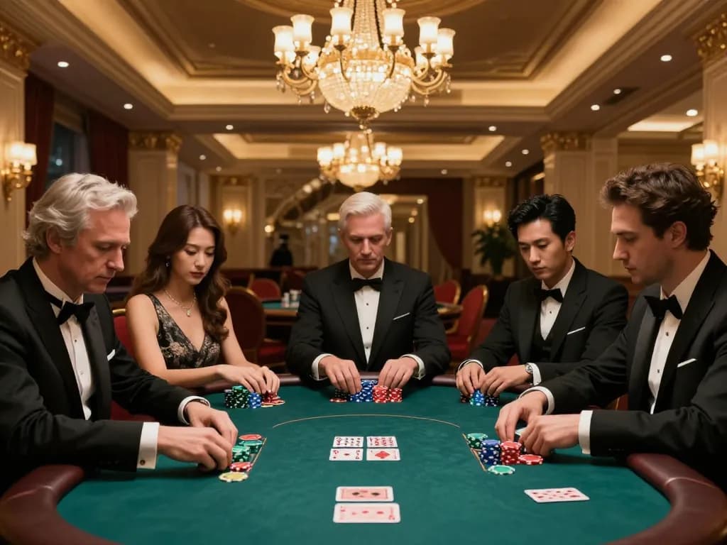 Players strategizing in a high-stakes rr88 poker game inside a luxurious casino.