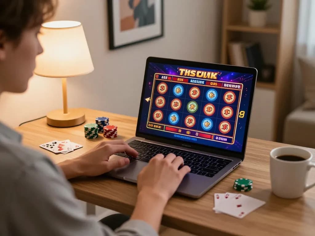 Enjoying exciting gameplay at home with casino non aams legali, focused on laptop screen.