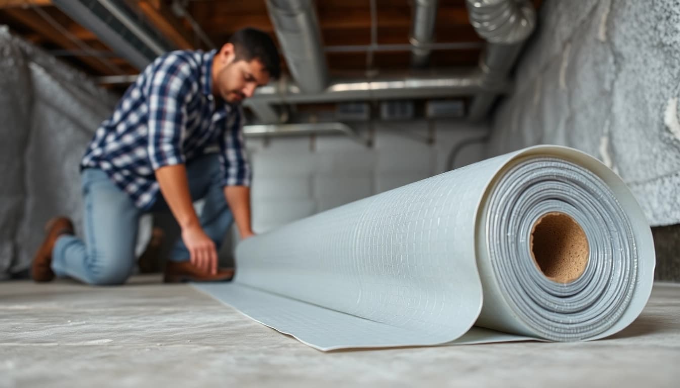 Vapor Barrier Installation in a crawl space by a professional, showcasing the installation process.