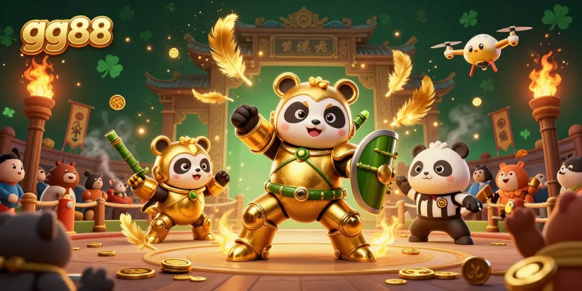 Experience gg88's thrilling cockfighting scene featuring a golden panda in a mech-suit.