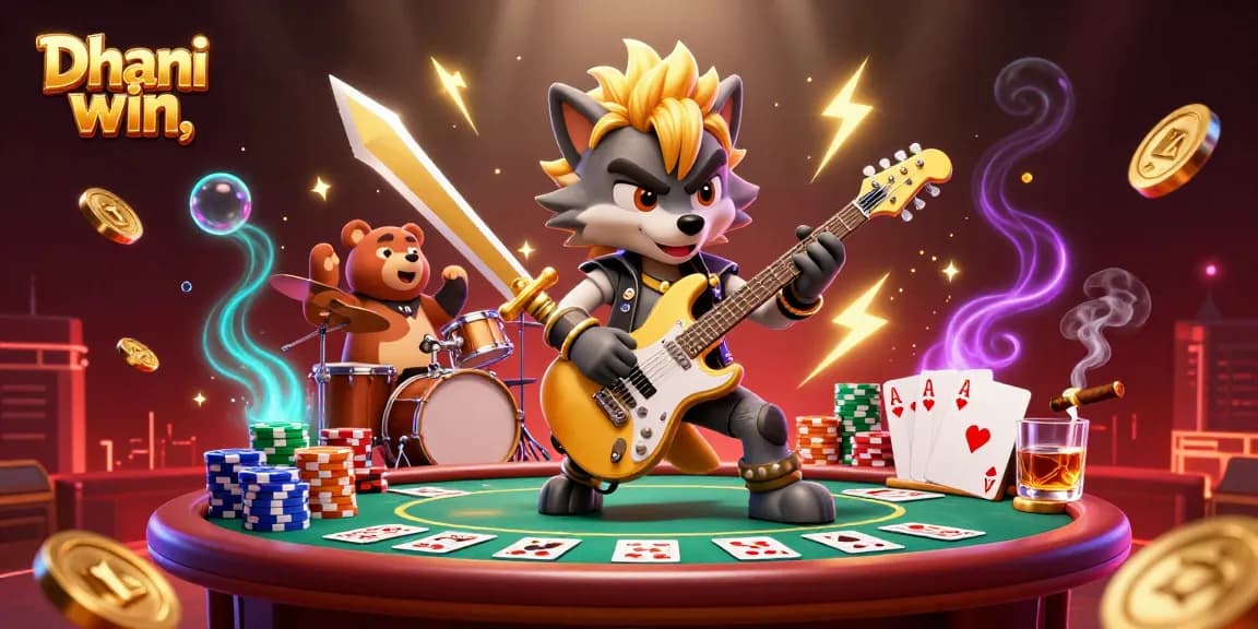 Dive into the dynamic world of Dhani win where a rock star wolf performs on a casino stage surrounded by exciting game elements.