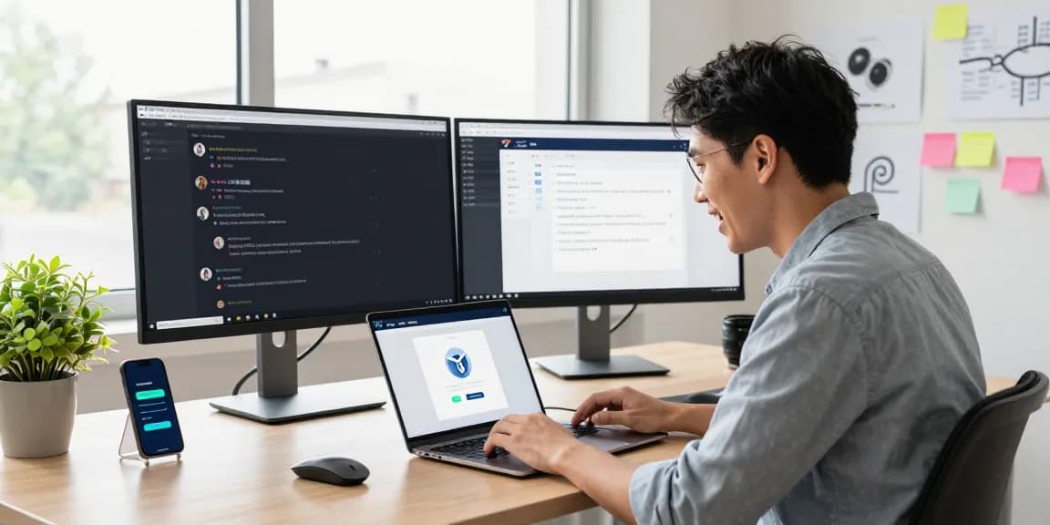 Person using 纸飞机中文版 app on a laptop in a vibrant tech workspace.