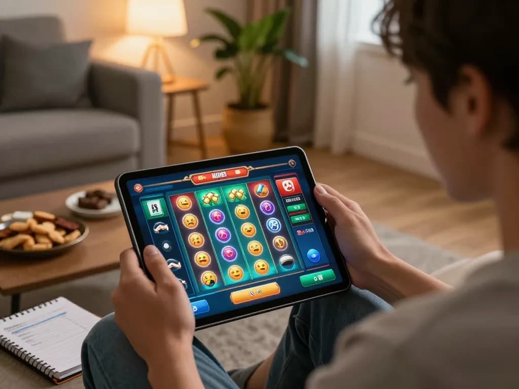 Engaged player enjoying mahjong slot on tablet in cozy home setting.