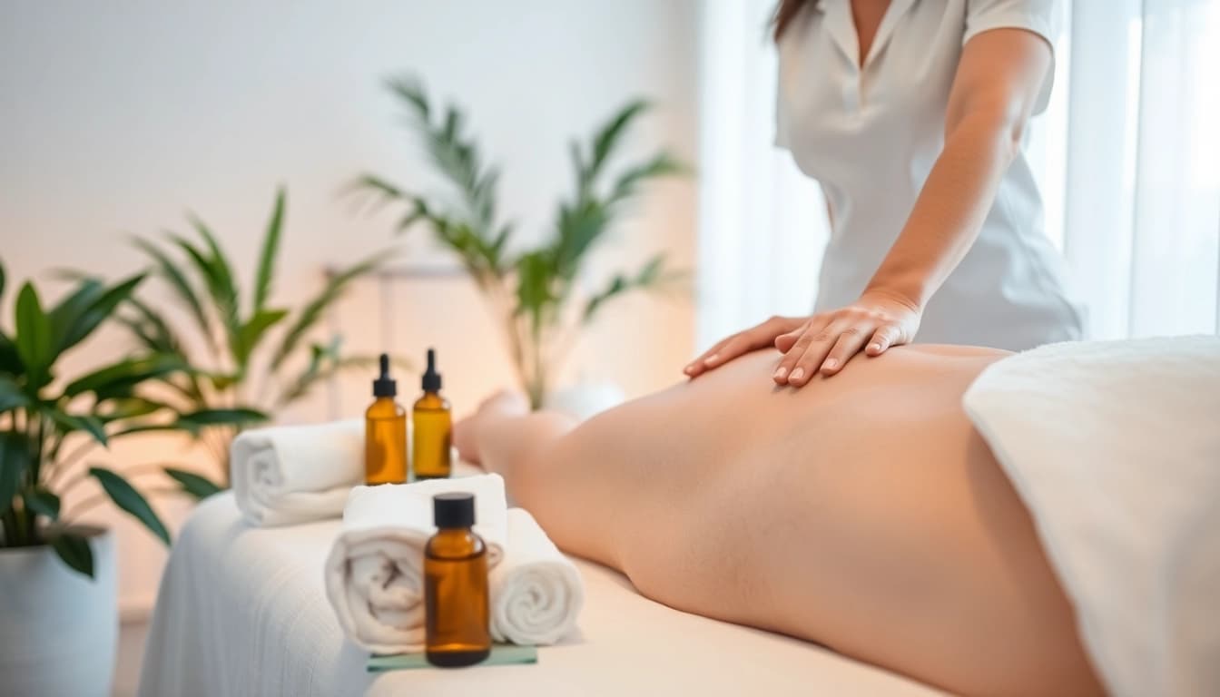 편안한 스파 분위기를 만들어주는 치료사가 부드러운 뒷마사지를 적용하는 마사지 치료 장면.