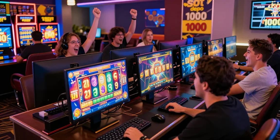 Dynamic online gaming atmosphere with players enjoying slot depo 1000 offer on vibrant screens.
