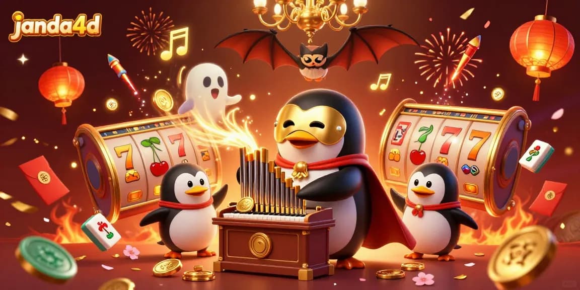 Menangkan jackpot di janda4d dengan gambar kartun unik dari penguin opera yang membagikan koin emas dalam suasana kasino yang megah.