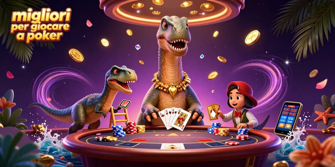 Vista di un brontosauro che osserva un tavolo di poker, evidenziando le migliori app per giocare a poker.