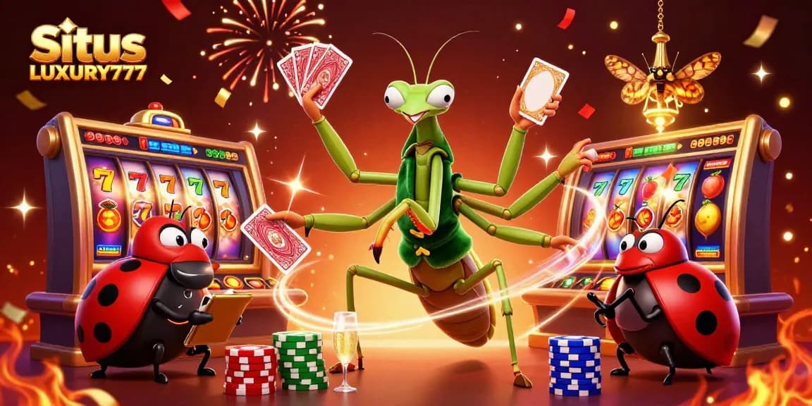 Situs LUXURY777 menampilkan ilustrasi kartun 3D raksasa belalang menyangkap kartu dan mengocok chip dalam suasana perayaan di kasino.
