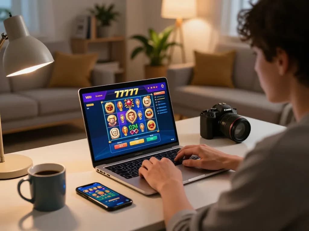 Engaging online gambling scene showing slot777 game activity on a laptop in a cozy home