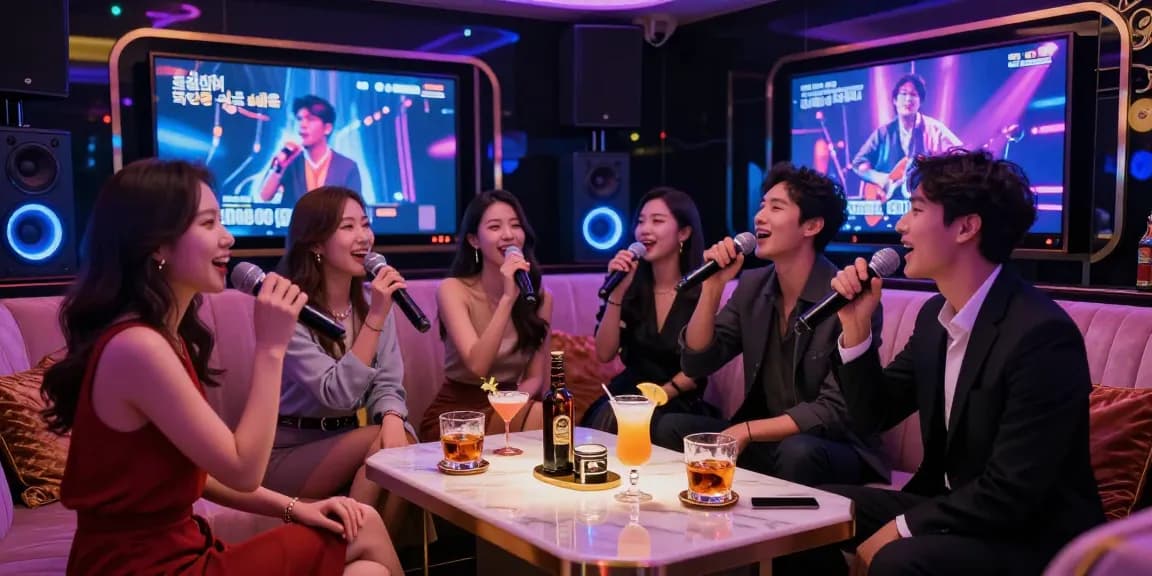 Friends enjoying a lively night at 강남가라오케 with vibrant atmosphere and premium drinks.