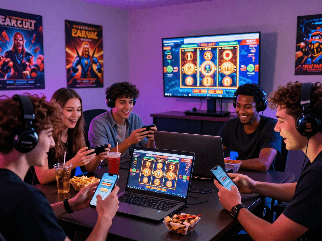 Group enjoying newly released bonus buy slots in an exciting online gaming atmosphere.