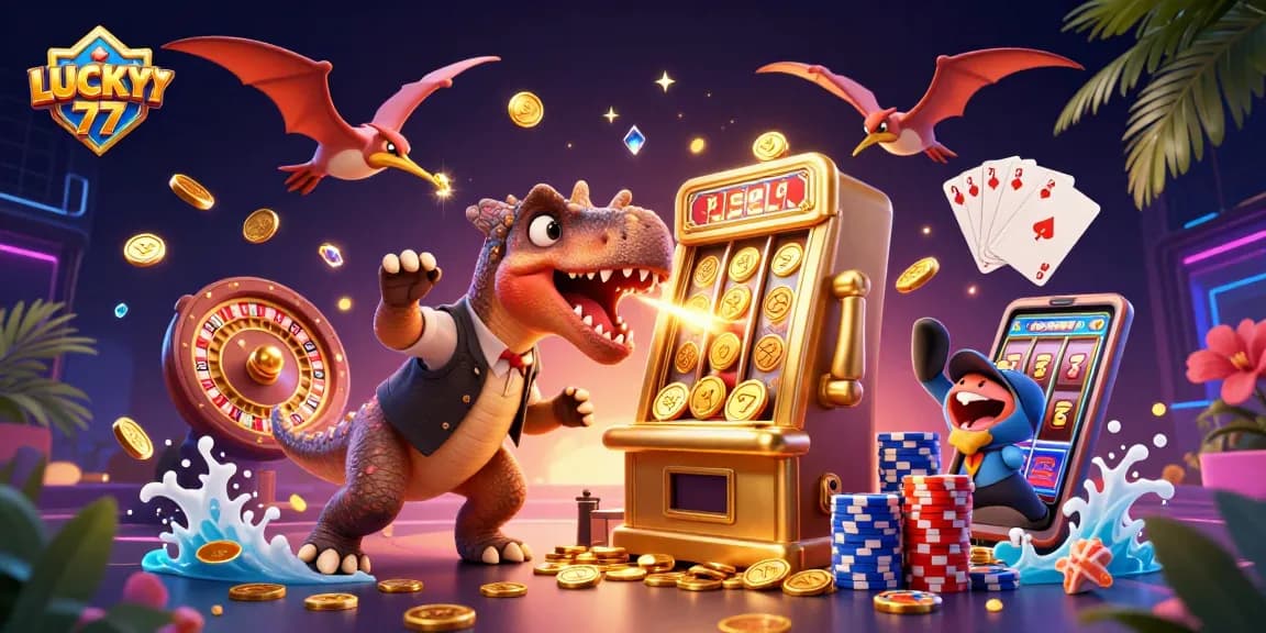 LUCKY77 jackpot scene with a pachycephalosaurus, ankylosaur, and pteranodon amidst flying coins.