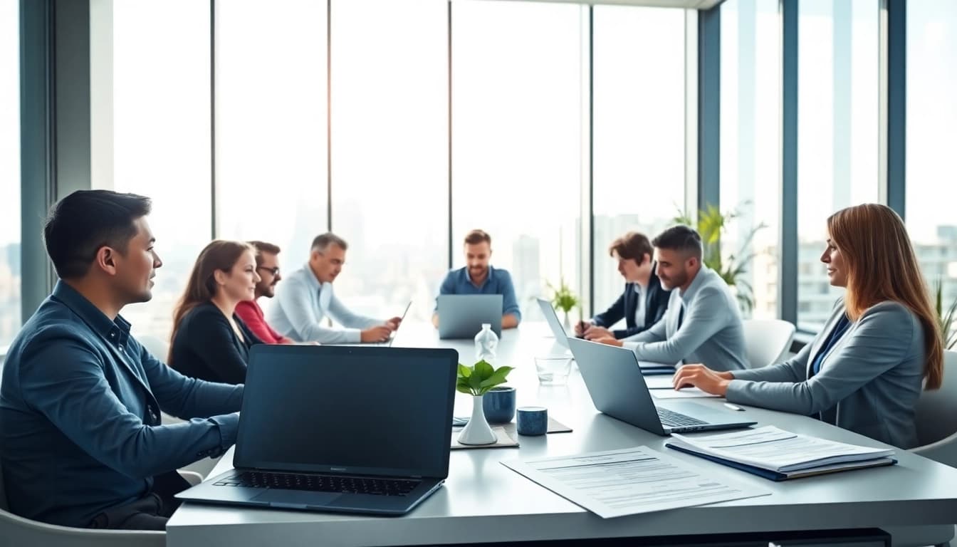 Engaging team meeting on Contract Management in a contemporary office space.