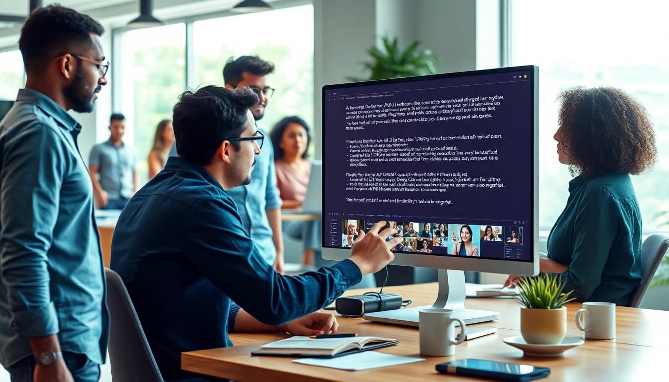 Engaged professionals using a video to promptgenerator in a modern workspace, analyzing video content.