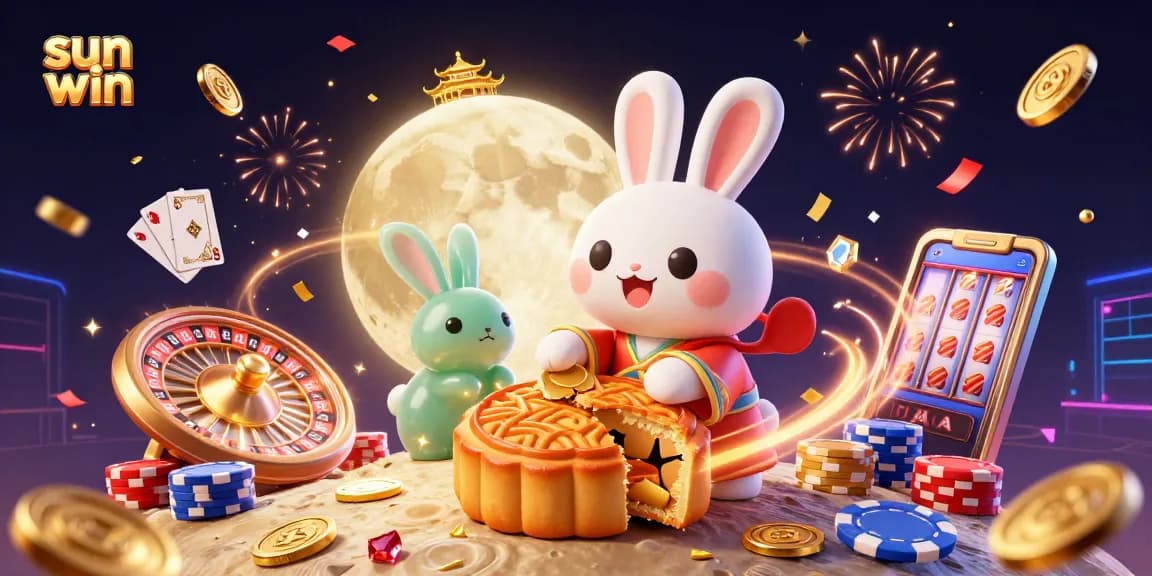 Experience the excitement of sun win with a lunar-themed casino scene filled with playing cards, coins, and festive elements.