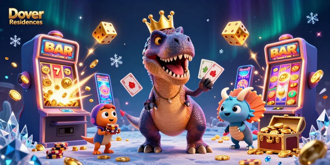 Dover Residences showcases a colorful casino scene with playful dinosaurs engaged in gaming.