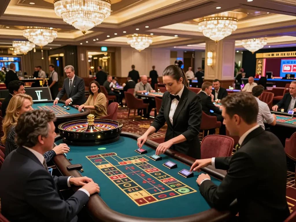 Players engaging at roulette tables in a luxurious casino, experiencing the thrill of sunwinapk