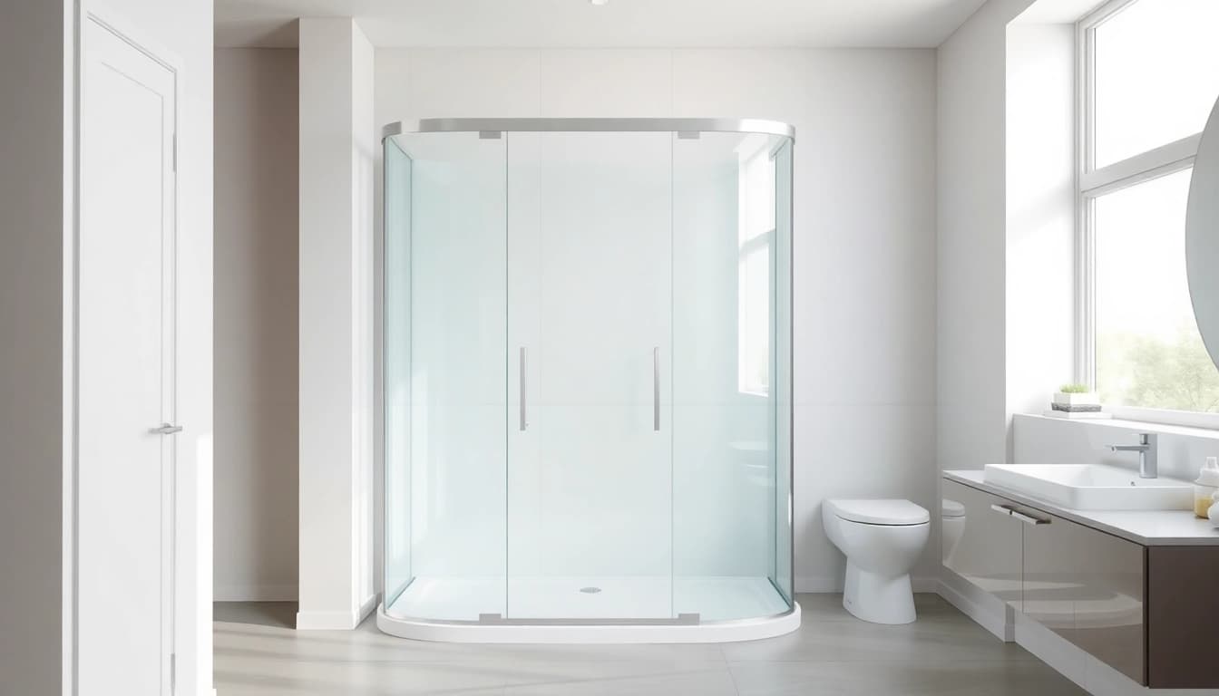 Die sonni Duschkabine in einer modernen Badezimmerumgebung zeigt elegante Glaswände und eine stilvolle Tür.