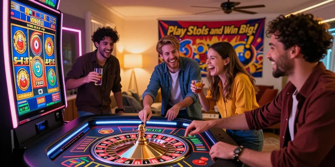 Friends enjoying a lively slot game session in a vibrant online casino setup, showcasing a fun and exciting atmosphere.