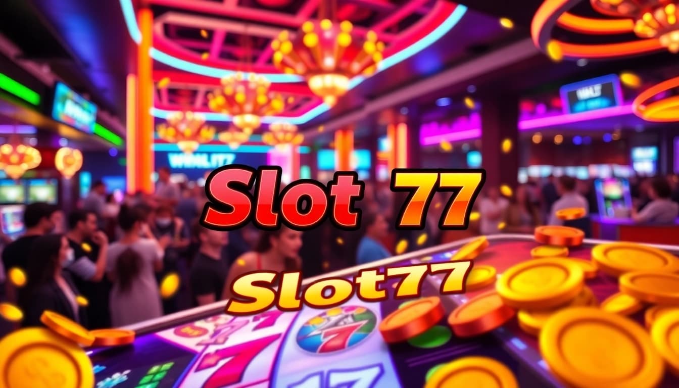 Menu permainan Slot77 yang menarik dengan simbol cerah dan suasana kasino yang dinamis.