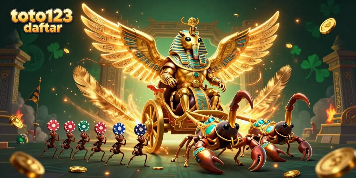 Toto123 daftar features a vibrant 3D illustration of a scarab beetle and scorpions with poker chips, showcasing thrilling lottery gaming.
