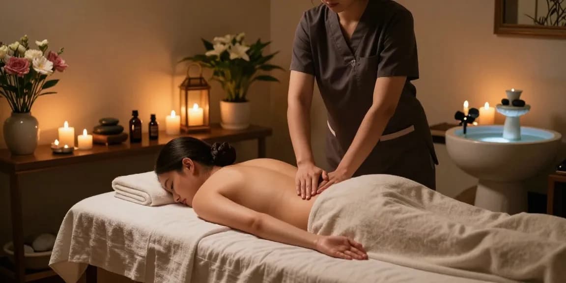Premium 1인샵 spa scene showcasing a therapist providing a Swedish massage in a serene, candle-lit room.
