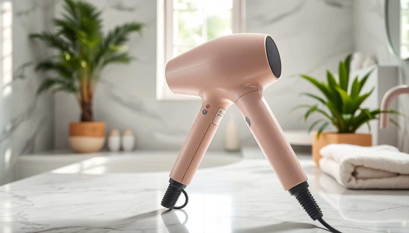 Styling with hair dryer for fine hair on a marble countertop enhances elegance and functionality.