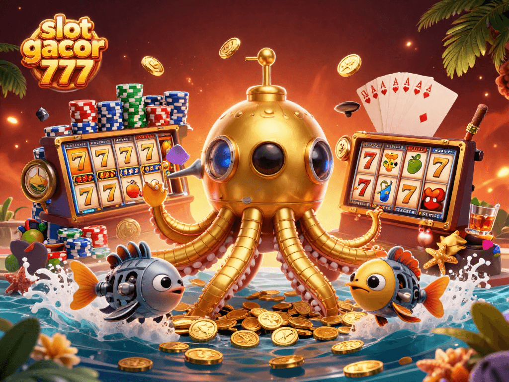Engage with slot gacor 777's vibrant 3D illustration featuring a golden kraken submarine and colorful slot reels amidst a sea of coins.