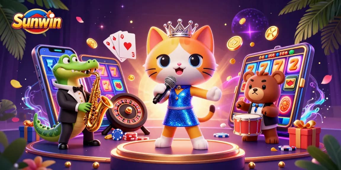 Sunwin brings excitement with a jazz-singer cat, saxophone crocodile, and drum-playing bear in a vibrant casino scene.