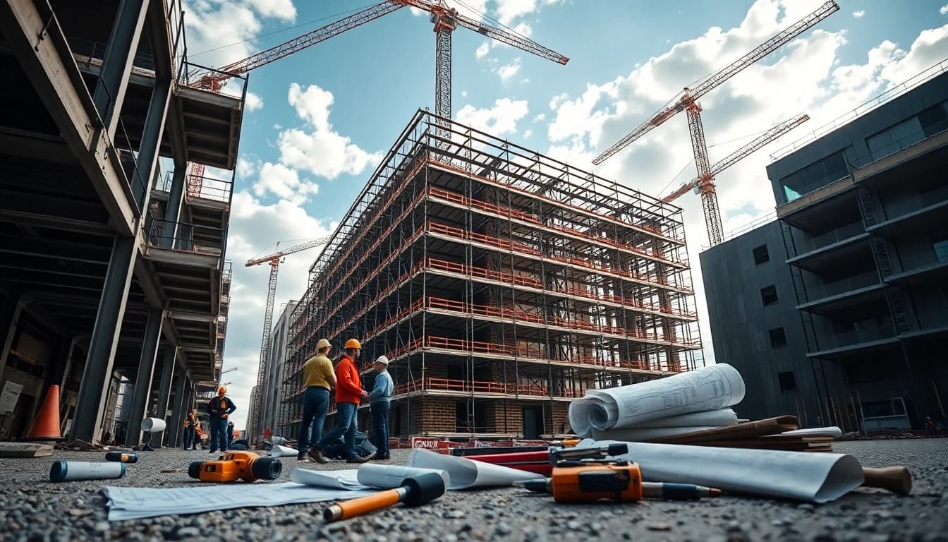 Austin construction project with diverse workers collaborating on a building, showcasing teamwork and urban development.