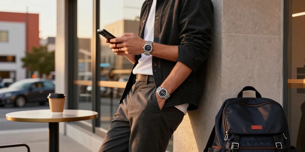 Stylish individual showcasing a rolex replica watch in an urban café setting.