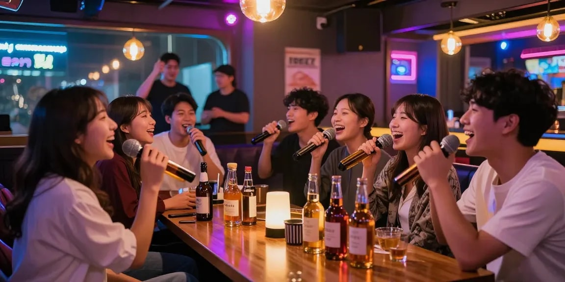 제주유흥에서 즐거운 시간을 보내는 친구들, 카라오케 바의 자연스러운 분위기.