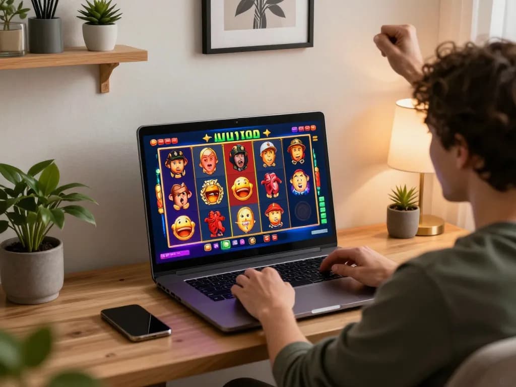 Engaged player celebrating a win while playing slots online at home.