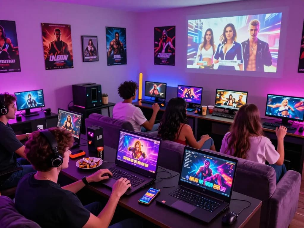 Engaged players enjoying sex games online on laptops and mobile devices in a lively setting.