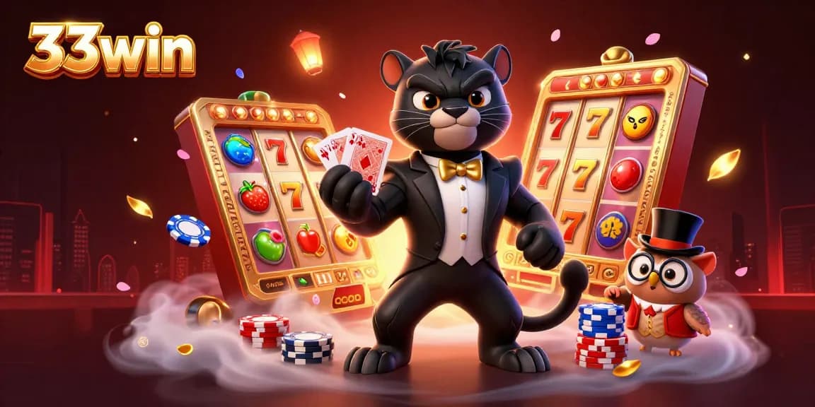 Engage with 33win's thrilling casino experience featuring vibrant slot elements and dynamic characters.