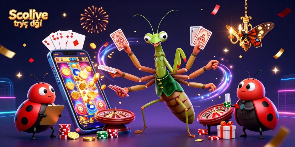 Experience Socolive trực tiếp with a vibrant 3D scene showcasing dynamic gambling elements like slot games and poker chips.