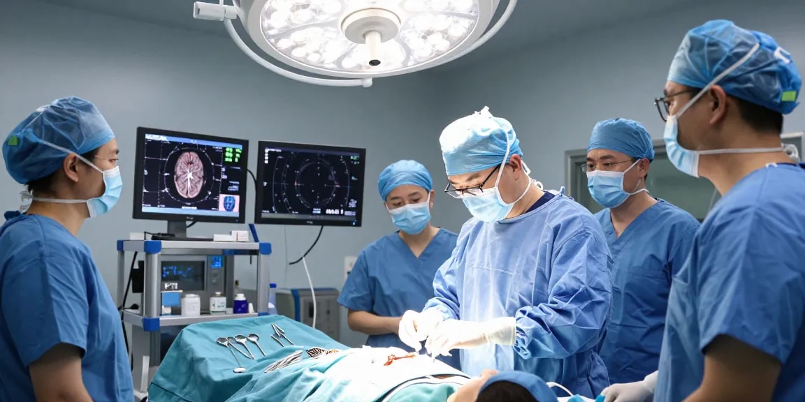 Brain surgery environment featuring a neurosurgeon and medical team preparing for beyin ameliyatı, showcasing surgical tools and patient monitoring.
