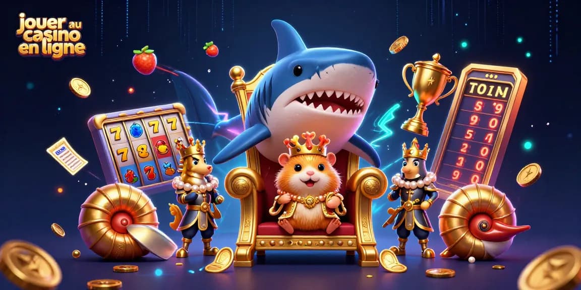 Jouer au casino en ligne avec un roi hamster entouré de gardes, jackpots et effets lumineux.