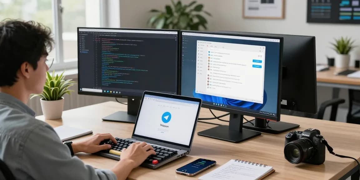 Developer using 纸飞机中文版 in a modern workspace with dual monitors and messaging app.