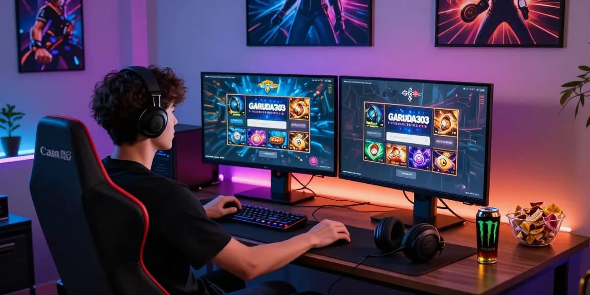 Gamer using GARUDA303 login on a dual-screen setup with exciting slot games