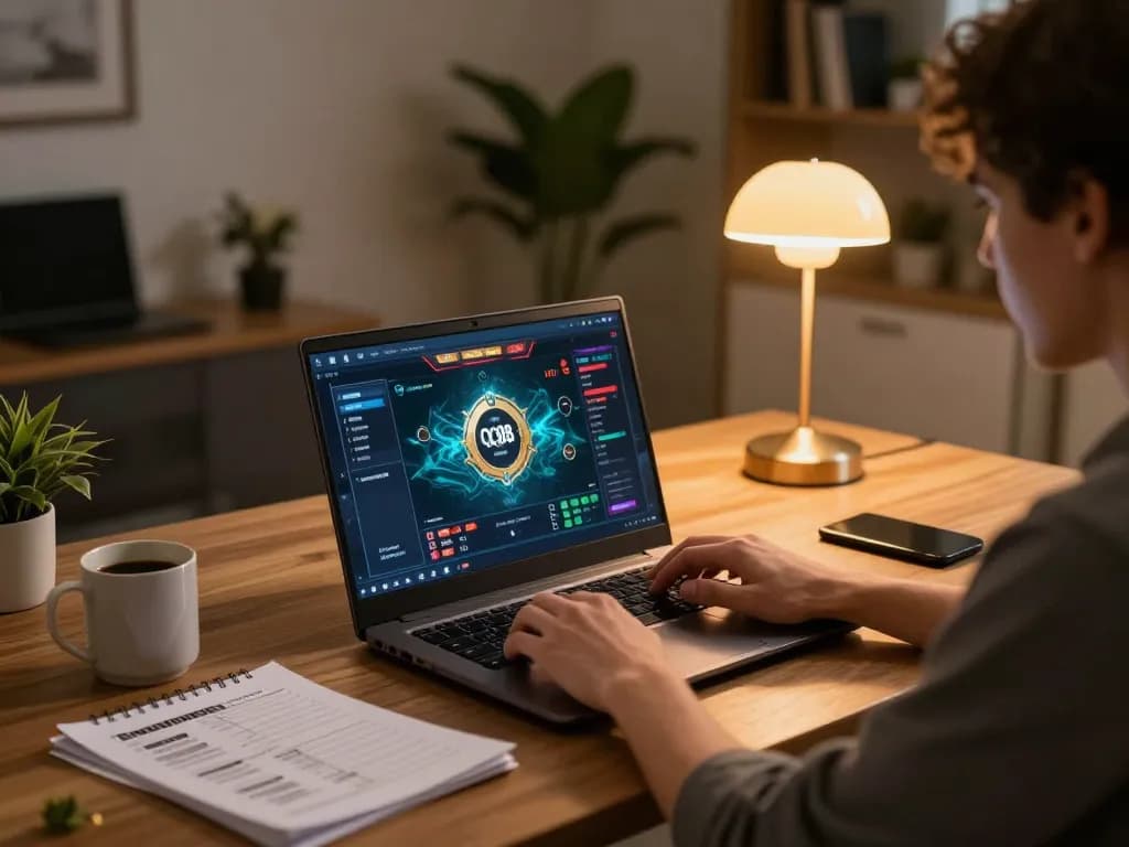 Engaging in qq88 online gaming with strategic notes and warm home office ambiance