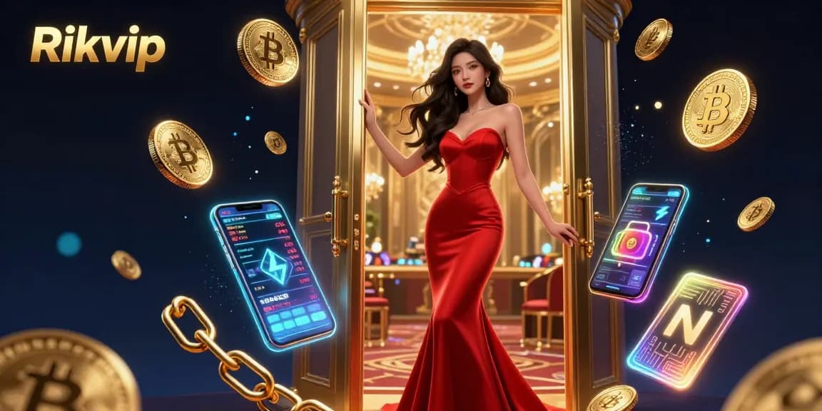 Engage with the thrilling world of Rikvip, featuring a stunning Asian woman at an opulent casino door amidst glowing crypto elements.