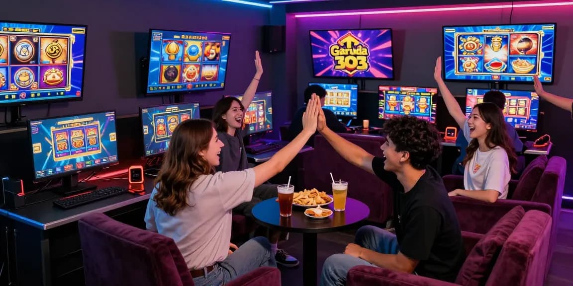 Players enjoying Garuda303 login while celebrating online gaming wins in a vibrant lounge.