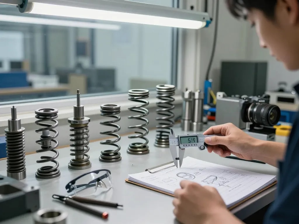 Expert în inginerie examinând designurile arcurilor ciur într-un atelier modern cu diverse unelte.