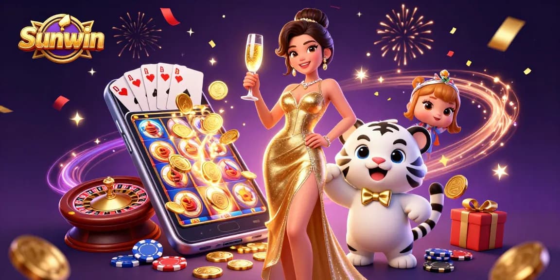 Engage with Sunwin's vibrant casino adventures featuring a glamorous woman and a lucky tiger.