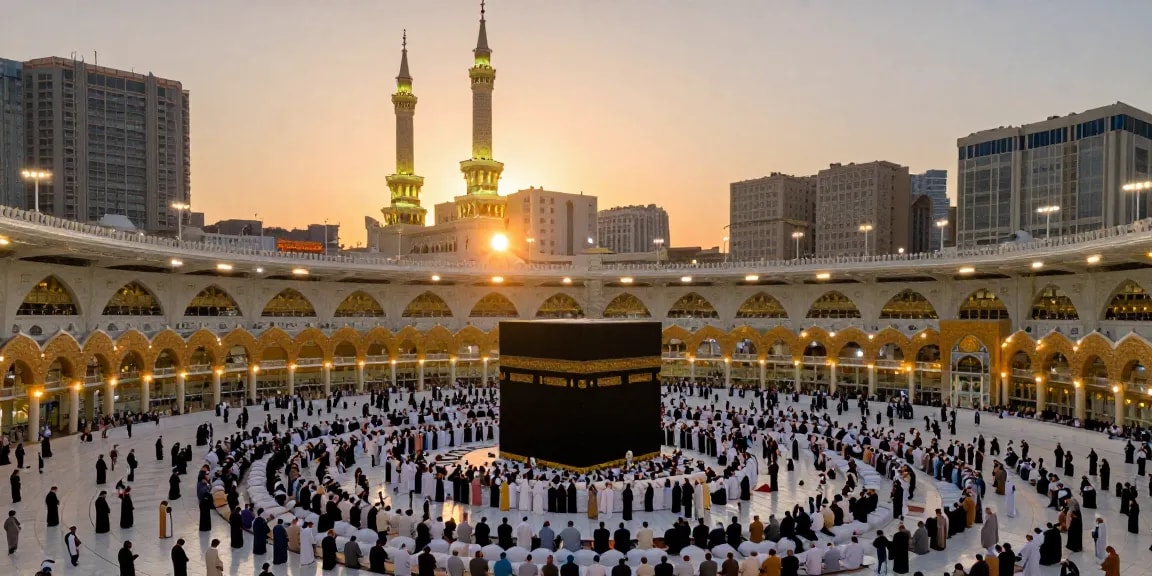 Spiritual gathering during umroh full ramadhan at the Kaaba, capturing the essence of pilgrimage and travel experiences in Saudi Arabia.