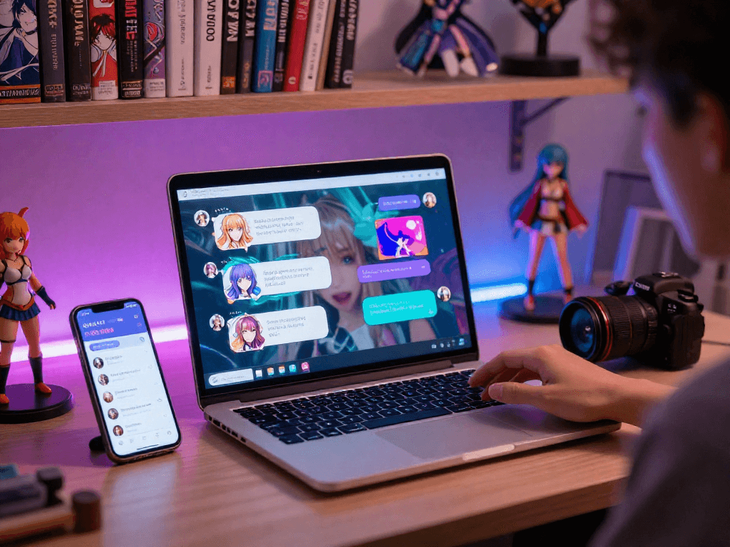 User engaging in hentai ai chat on modern laptop in creative workspace